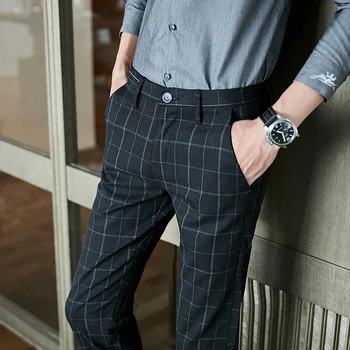 

Autumn Winter Men's Business Suit Pant Gray Plaid Casual Slim Fit Dress Pants 2020 Brand Formal Wedding Trousers Pantalon Homme