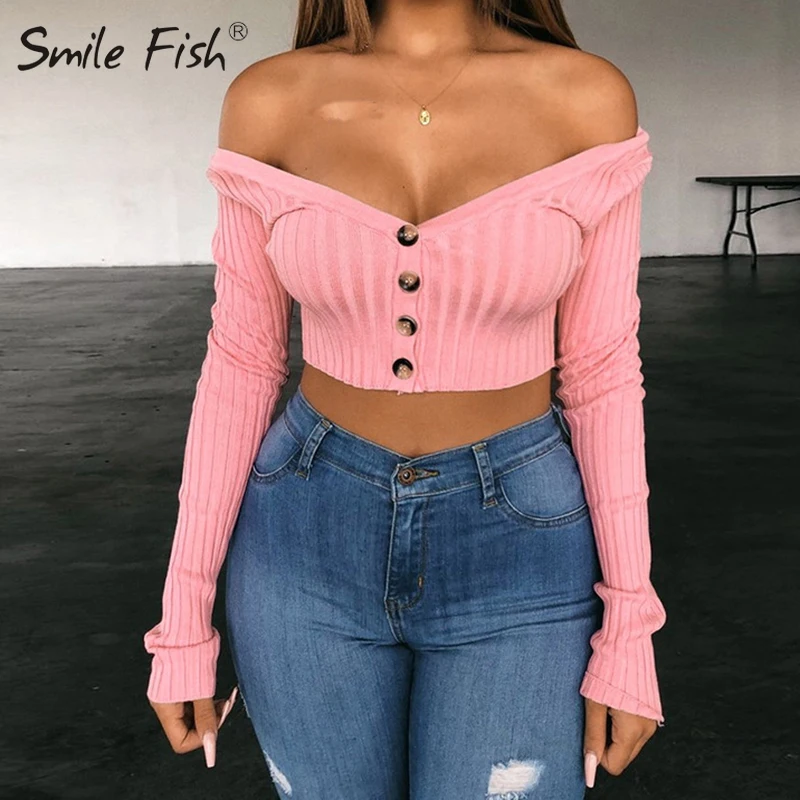 

2019 New Sexy Women Tops Slash Neck Buttons Navel Crop Short T-Shirt Club Party Slim Autumn Clothing Solid Long Sleeve Tee GV757
