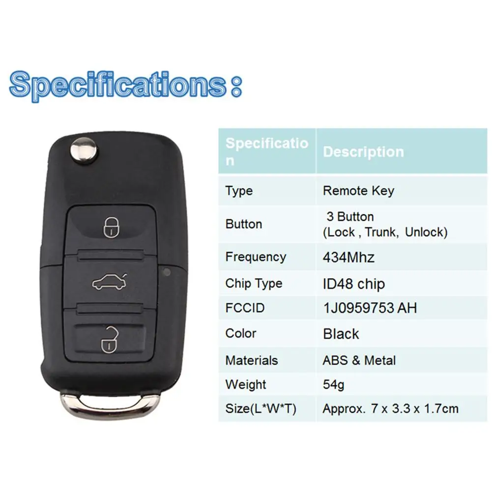 Автомобильный Дистанционный ключ с 3 кнопками, умный дистанционный Автомобильный ключ 434 МГц для VolksWagen 1J0959753 AH ID48 чип