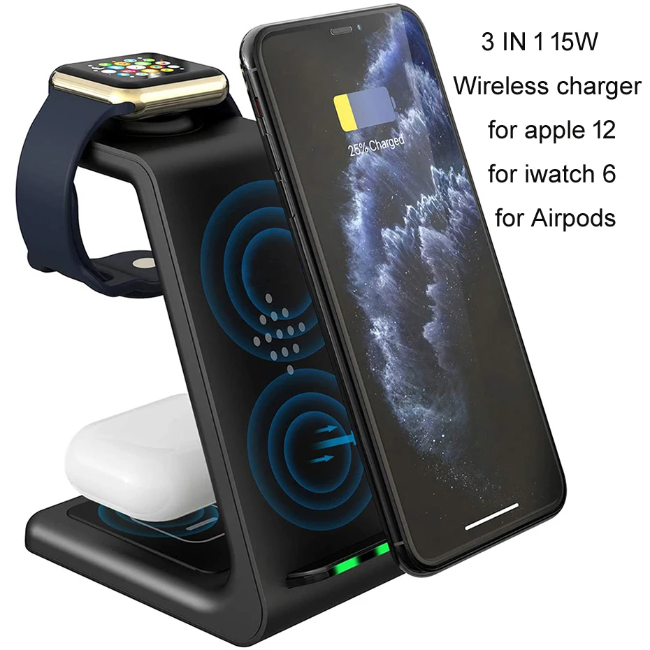 3 in 1 15W  Qi Wireless Quick Charger Holder For Iphone12 11 X XS Max  Mini Airpods Pro Apple Watch6 5 4 3 2 Pad  Dock Station