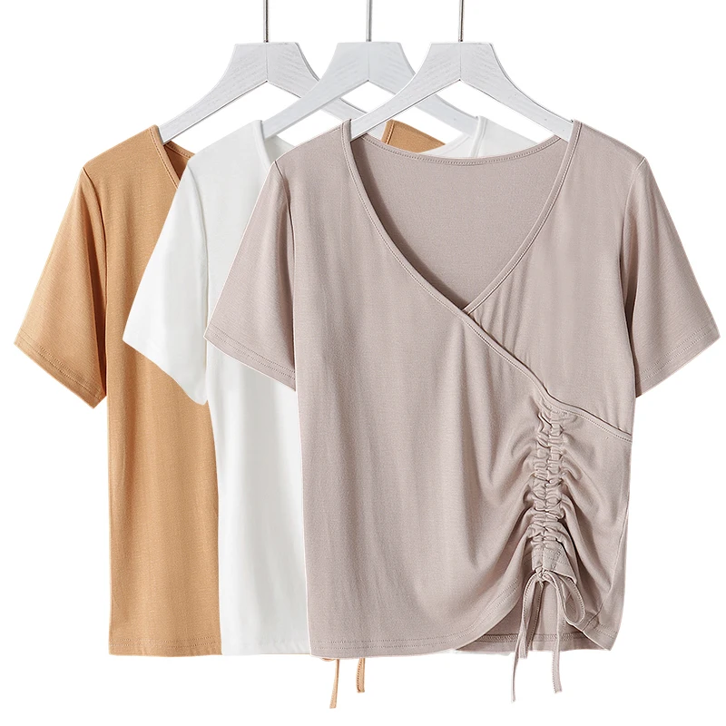  Summer Fashion sexy Short Basic knitted Shirt 11 Colors Lavender red V-neck lace up Modal cotton blouse tops | Женская одежда