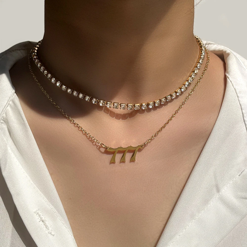 minimalistas con colgante de número para mujer, gargantilla de tenis con diamantes imitación grandes capas de acero inoxidable 111 222 333|Collares de cadena| - AliExpress