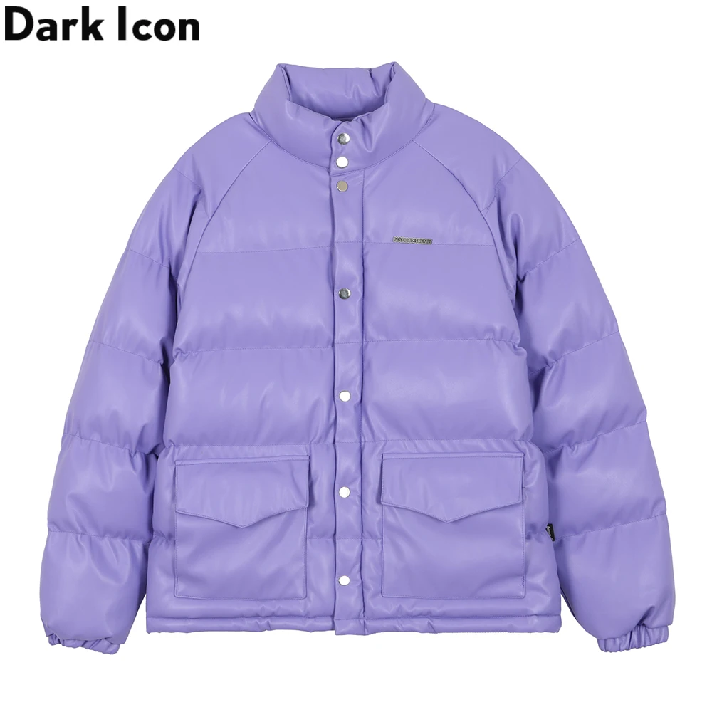 

Dark Icon PU Leather Cotton Padded Parkas Men Women 2020 Winter Outwear Drop Shoulder Warm Coats Street Fashion Couple Clothing