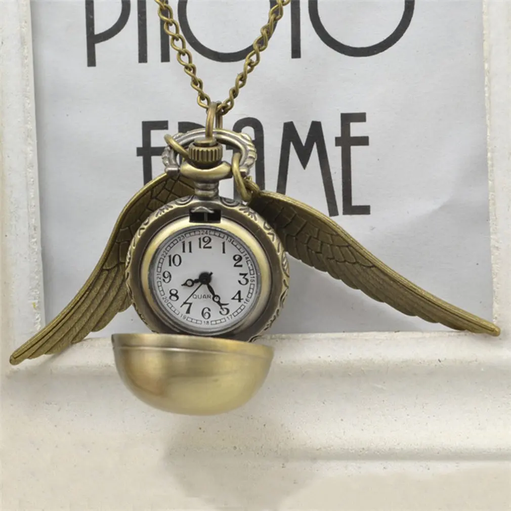 Elegant Snitch Quartz Watch Charming Vintage Angel Wing Fob Pocket Watch Pendant Clock Necklace Chain for 2