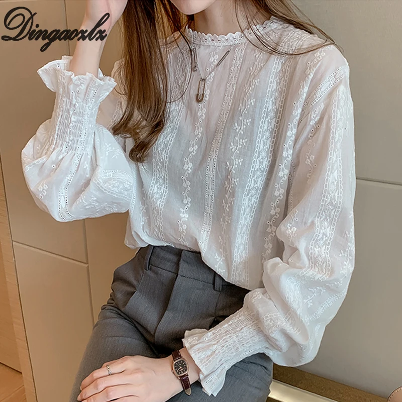 Dingaozlz винтажная стильная кружевная рубашка с расклешенными рукавами, белая блузка, повседневная одежда, новые модные женские кружевные топы, блуза - Цвет: White