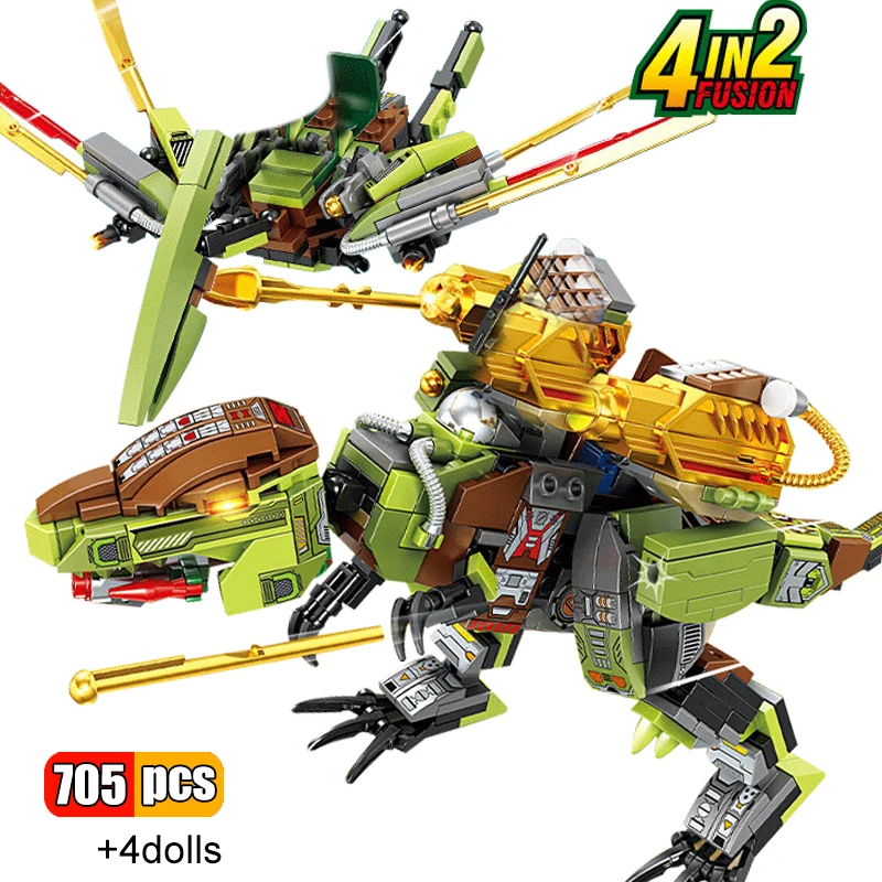 705Pcs 4 IN 2 Jurassic Armed Mechanical Tyrannosaurus Pterodactyl Raptor Dinosaur Building Blocks Animal Park Brick Assemble Toy | Игрушки и