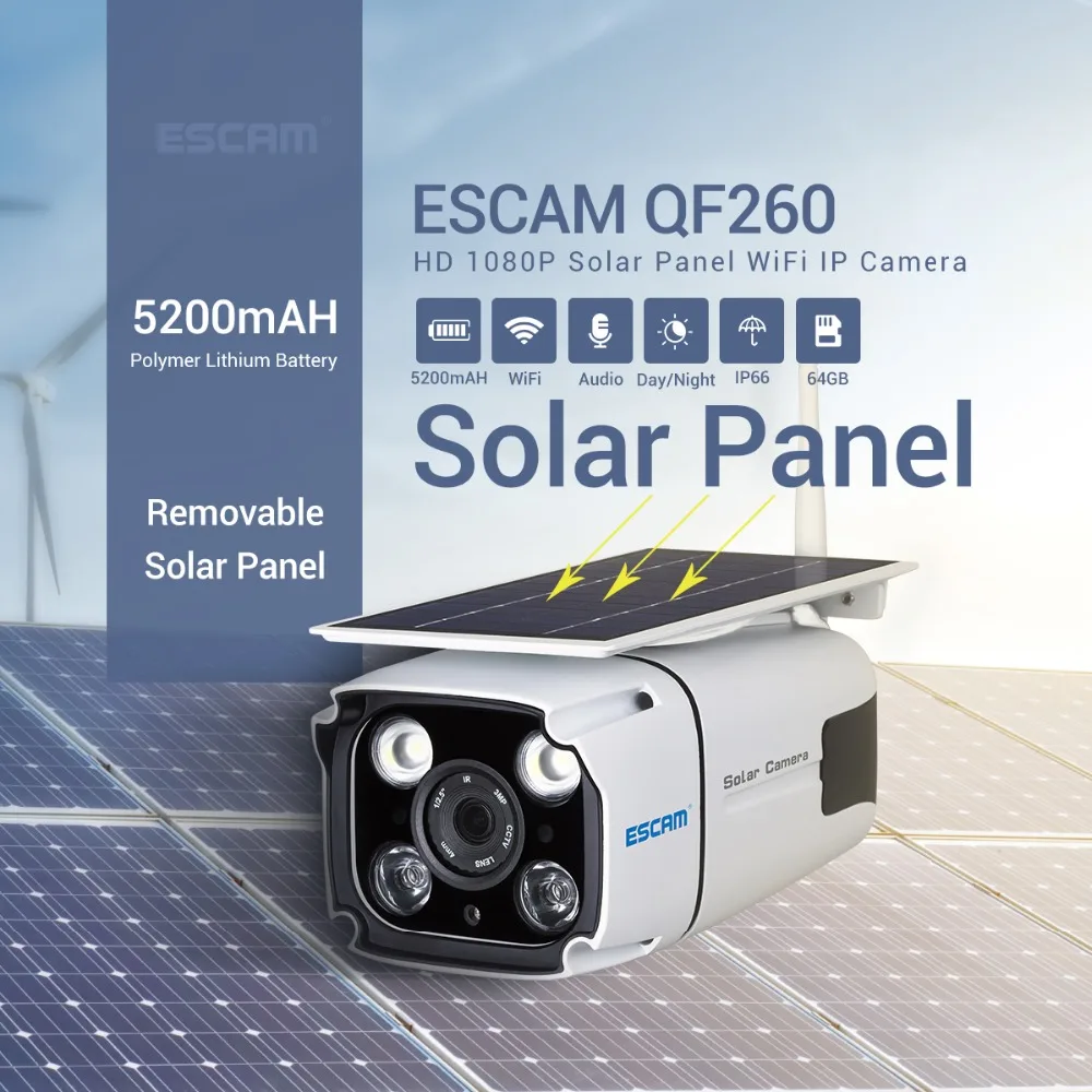 ESCAM QF260 без «косточек Солнечный Мощность IP Камера 2MP 1080P Беспроводной домофон воды-доказательство WI-FI Камера