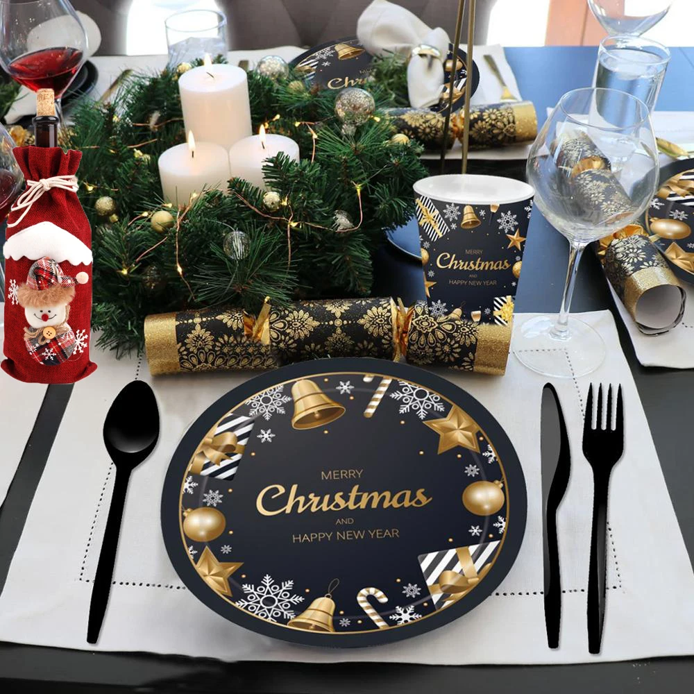 

QIFU Black Gold Christmas Happy New Year Disposable Party Tableware 2019 Christmas Decoration Xmas Gifts Navidad Natal Noel