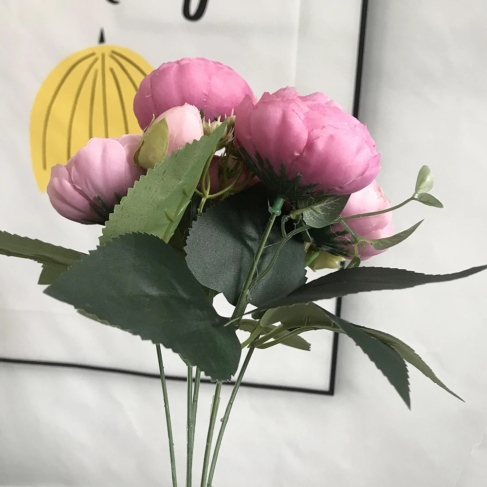 30cm Rose Pink Silk Bouquet Peony Artificial Flowers 5 Big Heads 4 Small Bud Bride Wedding Home Decoration Fake Flowers Faux