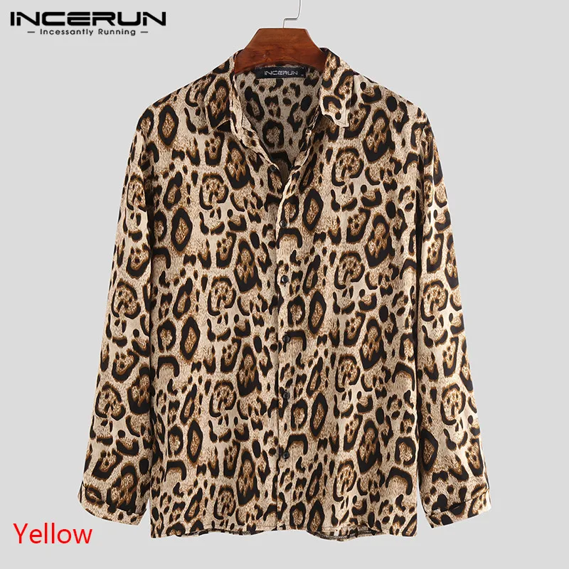 Yellow Shirt INCERUN/рубашка с леопардовым принтом для мужчин, вечерние рубашки с отворотом и длинными рукавами в уличном стиле, стильные шикарные Брендовые мужские рубашки для отдыха - Цвет: Yellow Shirt