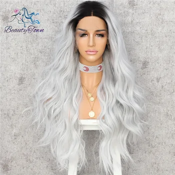 

BeautyTown Dark Ombre Grey Natural Wavy Heat Resistant Daily Makeup Women Gift Present Wedding Party Synthetic Lace Front Wigs