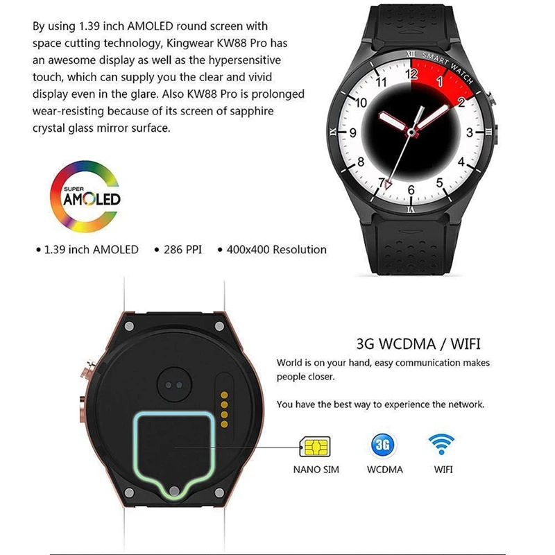 Смарт-часы kingwear Kw88 Pro 3g Android 7,0 1. 3g Гц четырехъядерный 16 Гб Wifi Gps 2Mp камера монитор сердечного ритма 3g Смарт-часы мобильный