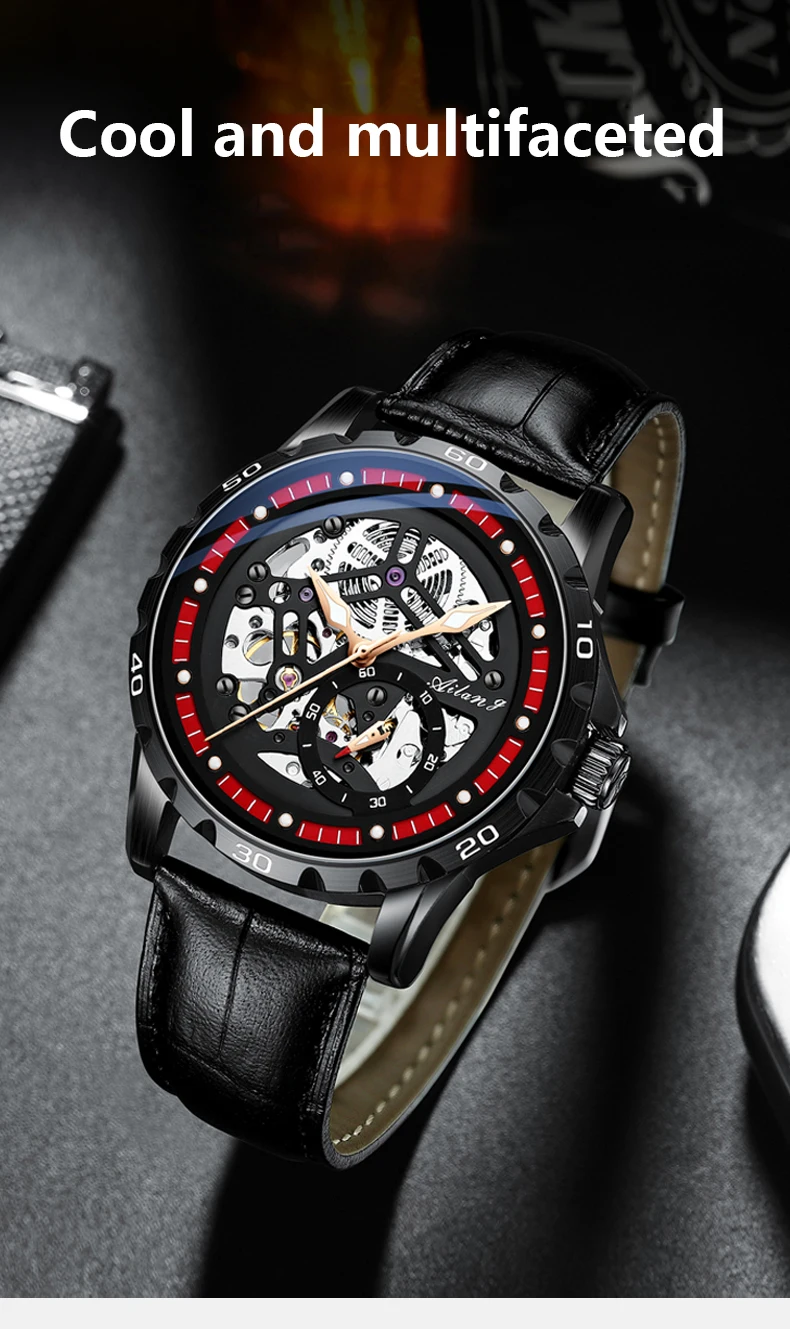 AILANG scheletro automatico meccanico da uomo di lusso impermeabile luminoso es cinturino in pelle da uomo cassa in acciaio nero_voghion.com