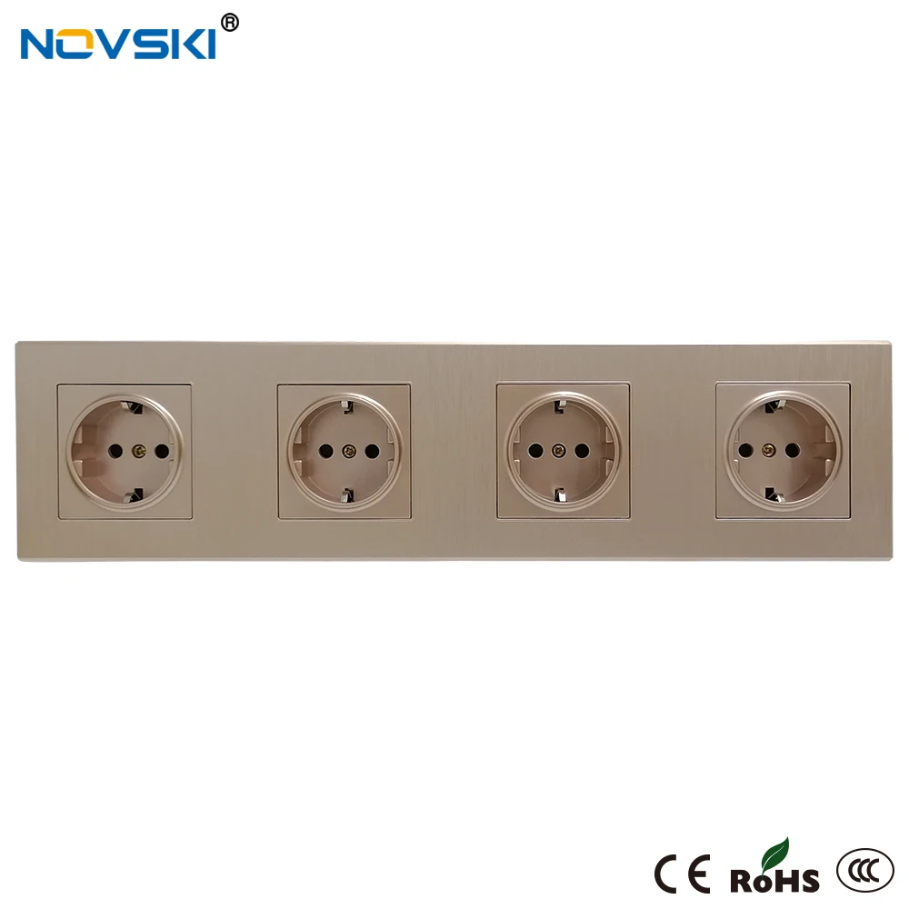 Champagne Gold Brushed Wall Socket Quintuple Frame German Plug Grounded, 16A Electrical Socket PC Panel, 15 Years Warranty
