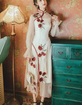 

national style women's cheongsam dresses femme 3D flower embroidery dress lady woman's long lace mesh dress