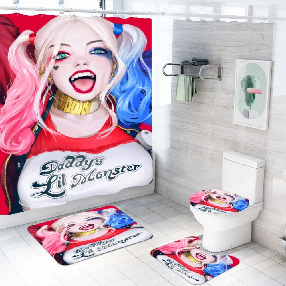 US $10.10 10% OFFHarley Quinn Cartoon Bathroom Set 10 Piece Suicide Squad Waterproof Bath Curtains Bath Rug Mat Set Toilet Cover Polyester