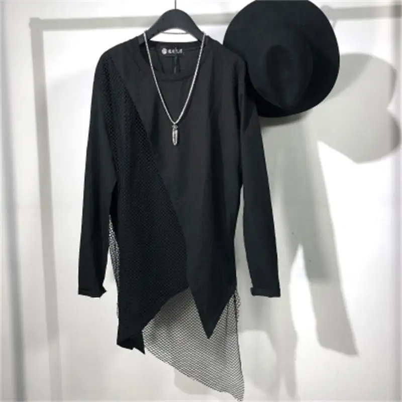 

Men's Long Sleeve T-Shirt Spring And Autumn New Yamamoto Wind Asymmetric Stitching Mesh Casual Loose Large Size Jacket