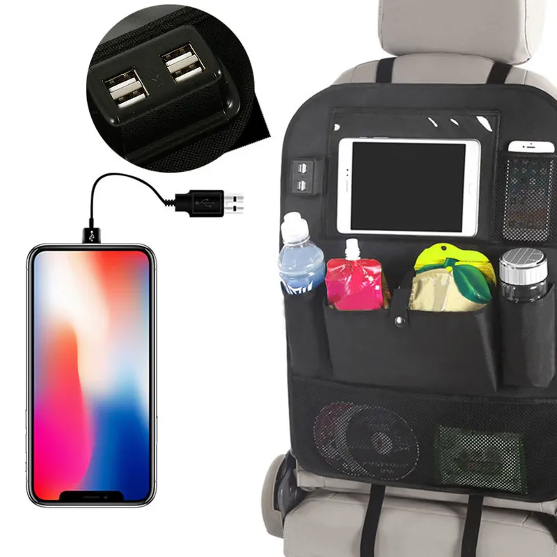 

Auto Organizer Back Seat Hanging Storage Bag with USB Charging Port Multi-Pocket Oxford Cloth Car Seat Stowing Tidying Container