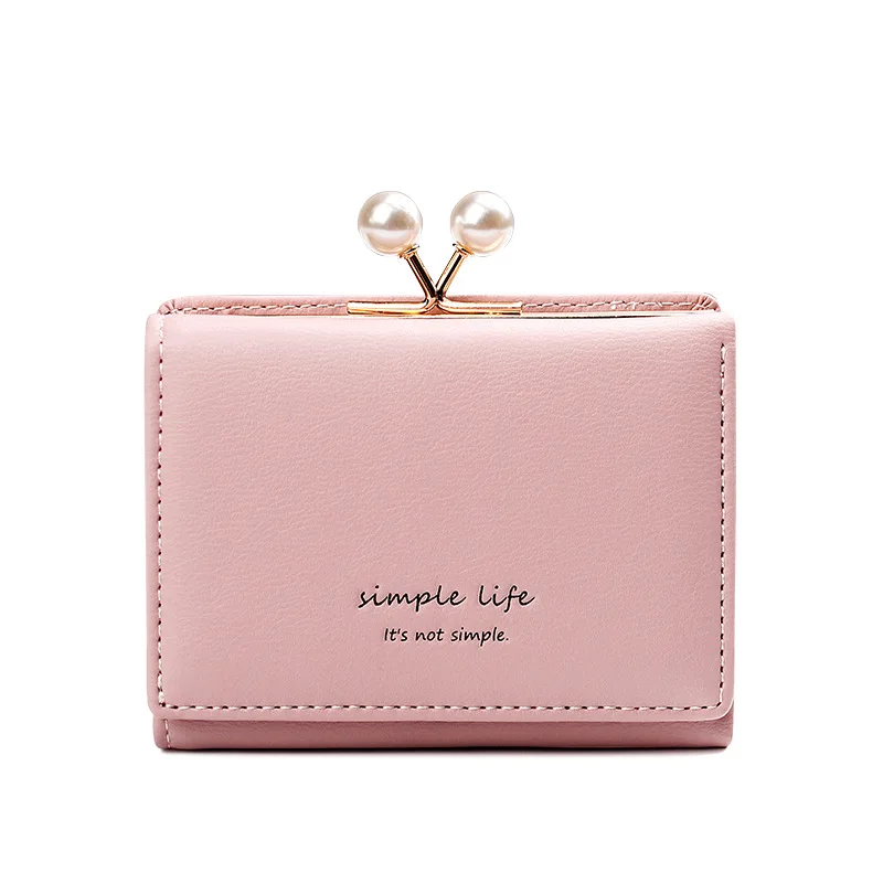 Модный короткий женский кошелек с жемчужинами, мини однотонный кошелек на застежке для студентов, женский в Корейском стиле, держатель для кредитных карт - Цвет: Pink
