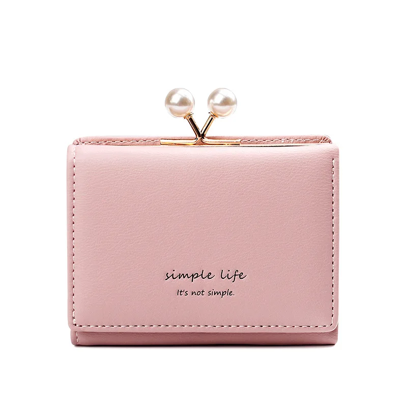 Pink Модный короткий женский кошелек с жемчужинами, мини однотонный кошелек на застежке для студентов, женский в Корейском стиле, держатель для кредитных карт - Цвет: Pink