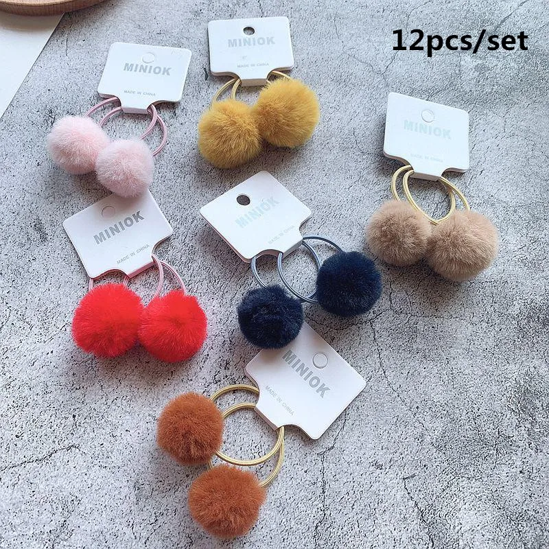 D-12PCS 2/8/10/12 шт Для детей резинки для волос галстуки с шариками для маленьких девочек плюшевая повязка для волос Веревка для девочек Аксессуары резинки для волос - Цвет: D-12PCS
