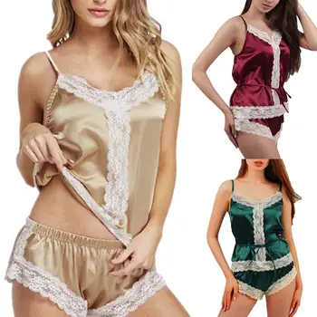 

Women V Neck Adjustable Straps Lace Patchwork Belt Camisole Shorts Sleepwear Cheap Ladies Sleepwear female Pajama Party Set