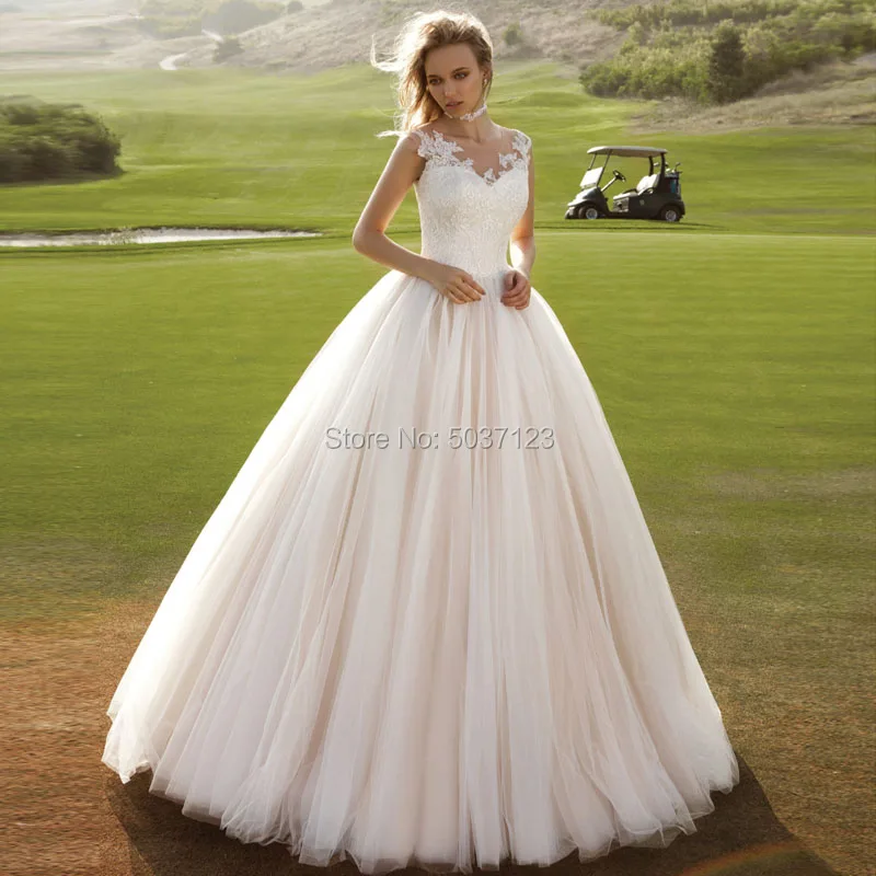 

Pink Ball Gown Tulle Wedding Dresses O Neck Sleeveless Floor Length Lace Appliques Button Bridal Gowns Vestido De Noiva Custom