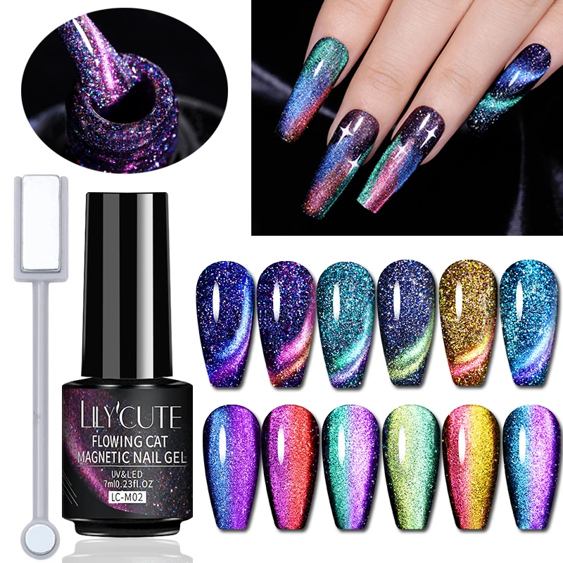 LILYCUTE 7ml Flowing Cat Magnetic Gel Polish With Magnet Set Semi Permanent Glitter Nail Gel Soak Off UV Gel Nail Art Varnishes
