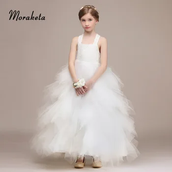 

Halter Backless Tiered Tulle Ball Gown White Flower Girl Dresses Princess Long Kids Pageant Dresses With Bow 2019