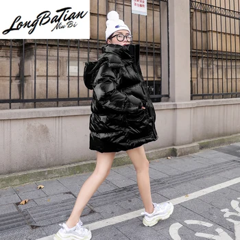 

Winter Thick Warm Parkas Mujer Black Glossy Women Loose Short Hooded Bread Cotton Padded Jacket Female Outerwear