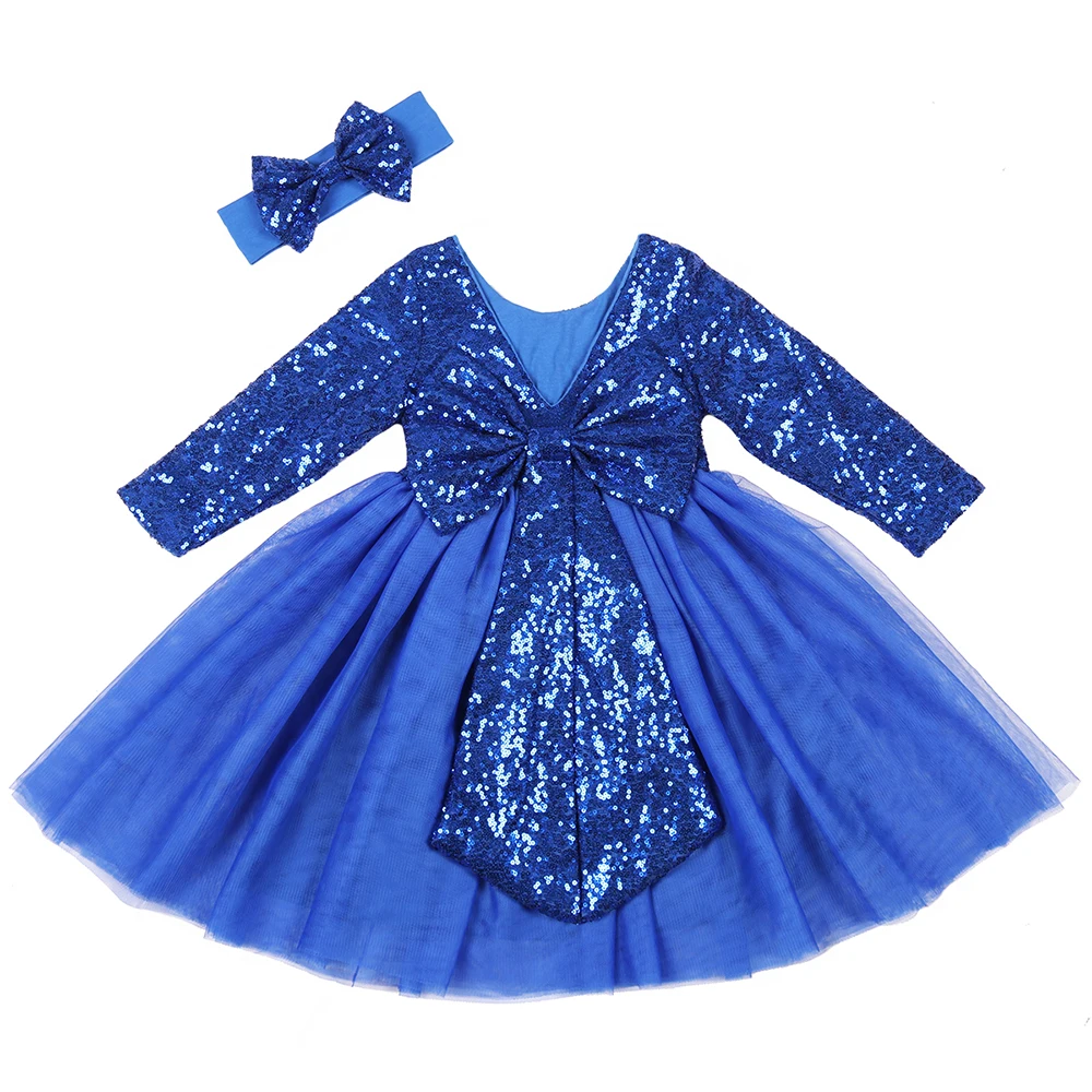 Royal Blue 03 Платье с длинными рукавами для девочек; сезон зима-осень; вечерние платья-пачки с блестками; платье на день рождения; новое модное рождественское платье - Цвет: Royal Blue 03