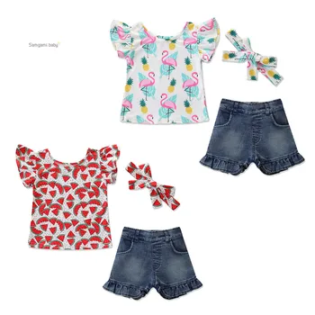 

2020 Children's Wear Summer Fashion Girl Set Cute Print Top + Lace Denim Shorts