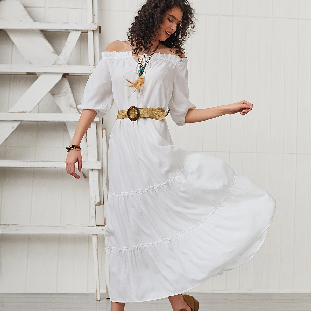 

Vintage Off Shoulder Women Maxi Dress Summer 2019 Lace Ruffles Tassel Bandage Wrinkle Half Dresses White Elegant Vacation Dress