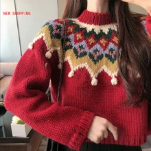 

2020 Xmas New Sweater White Cute Elegant Fashion Women Sweet Christmas Pullover Knitwear Red Autumn Winter O-neck Sweaters Retro