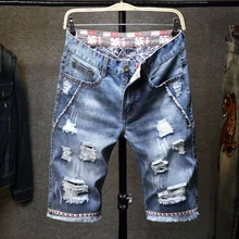 Летние Стильные мужские джинсовые шорты, роскошные мужские тонкие джинсовые шорты на молнии с дырками, прямые байкерские шорты, джинсы для мужчин, синие и черные