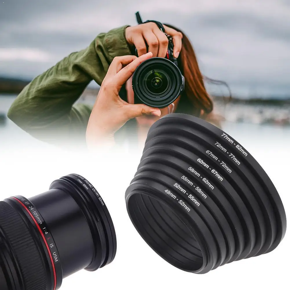 

7PCS Lens Adapter Filter Set Metal Step Up Rings 49-52-55-58-62-67-72-77mm Universal 49-77mm Adapte Lens Aluminum A1M5