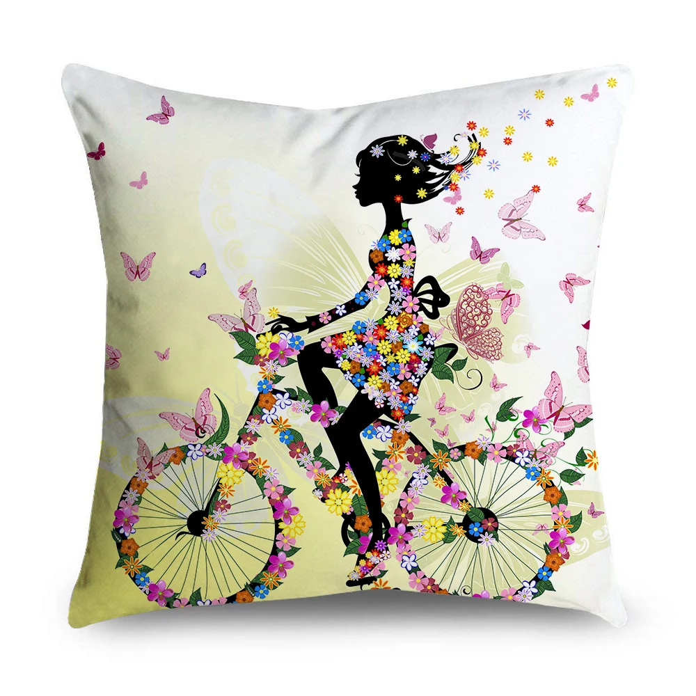 Double-Sided Printing Pink Flower Fairy Cushion Cover Home Decorative Microfiber Sofa Coffee Car Chair Throw Pillow Case