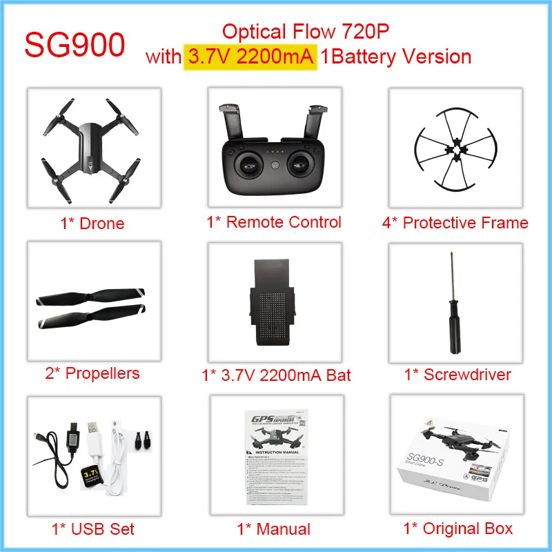 OF-720P-2200mA-1Bat Дрон с gps Профессиональный с 1080P 720P wifi камера Дрон HD следим за мной gps фиксированная точка складной SG900 SG900-S дроны 20 минут - Цвет: OF-720P-2200mA-1Bat