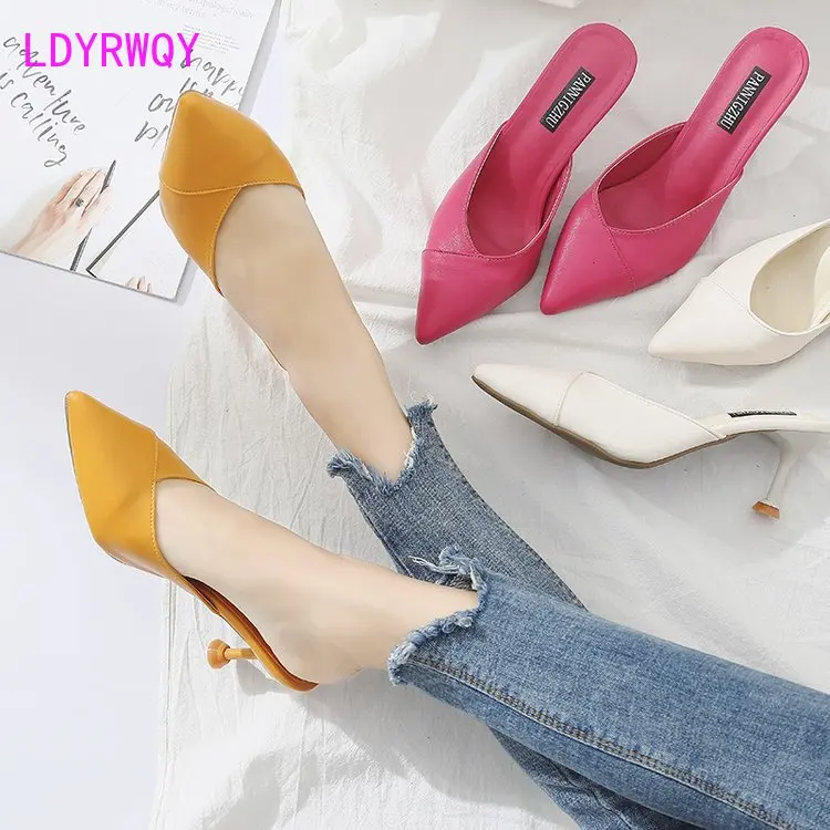 

LDYRWQY, новые модные летние однотонные босоножки и шлепанцы в Корейском стиле, с острым носком, Баотоу, универсальные, 2021