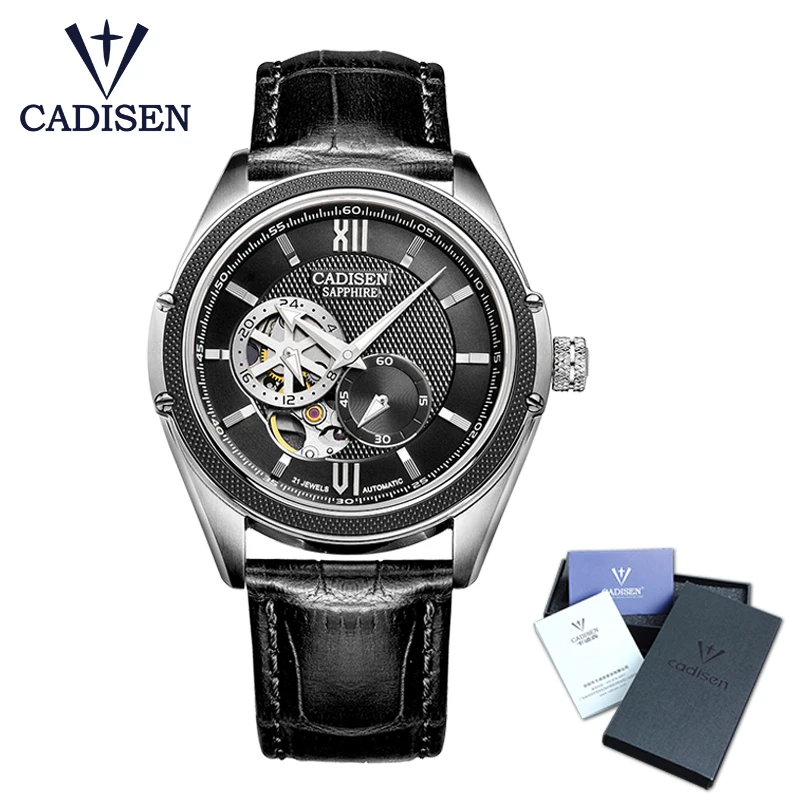 CADISEN Скелет Tourbillon механические часы для мужчин MIYOTA 82S7 Автоматические классические золотые кожаные сапфировые наручные часы Reloj Hombre