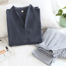 Japanese Men's Cotton Home Service Suit Pajamas Long-sleeved Trousers Crepe Cloth Cotton Loose Living Clothes New Mens Clothing