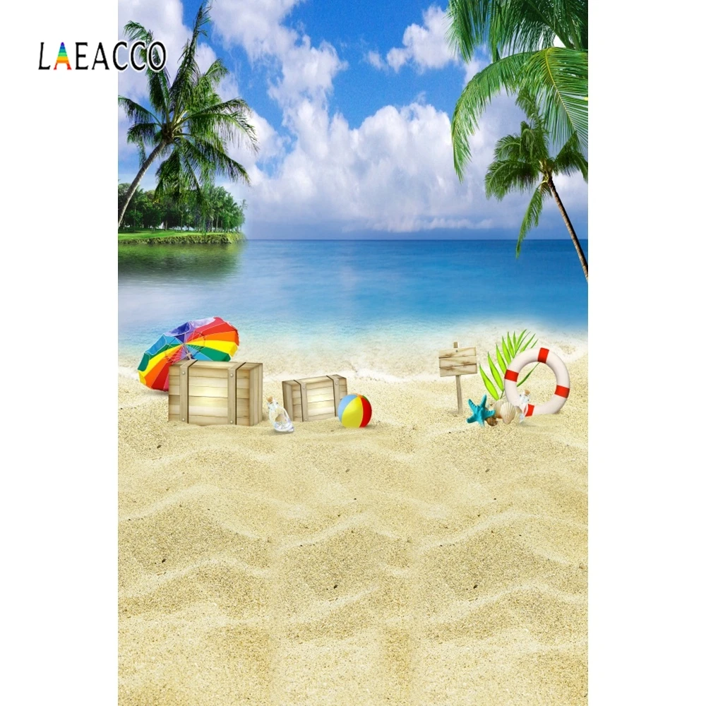 

Laeacco Summer Photophone Sea Beach Palms Trees Swimming Ring Parasol Photography Backdrops Baby Portrait Photo Backgrounds Prop