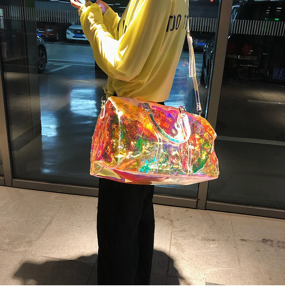 Laser colorful brand travel bag transparent bright luxury reflective fitness luggage bag slung carry on portable suitcase bag