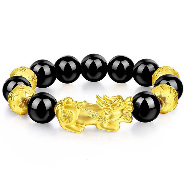 Shui Obsidian Stone Beads Bracelet Men Women Unisex Wristband Gold Black Pixiu Wealth and Good Luck Color Changing Bracelet