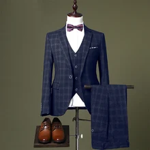Куртка+ жилет+ брюки) мужской модный бутик клетчатое свадебное платье костюм из трех предметов мужские деловые повседневные Костюмы
