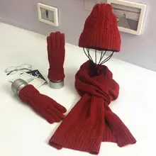 3PC Knitted Hat Scarf Glove Sets For Women's Winter Warm Wool Twist Cap Gorros Bonnet Solid Headband Knit Scarf New Year's Gift