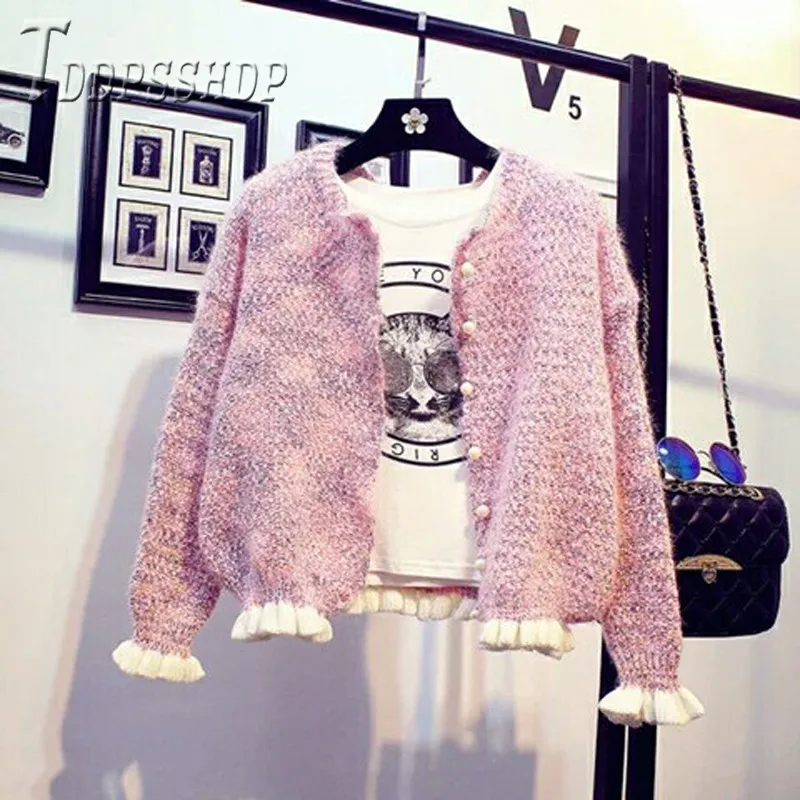 Короткий женский свитер пуговицы с жемчугом 3 цвета на выбор 2019 |