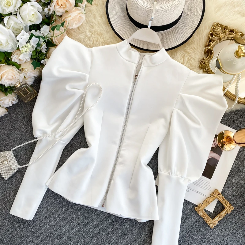 

Spring White Women Tops Zipper Design Puff Sleeve Blouse Shirt Gothic Ins Fashion Feminine Blouses Ladies Tops 2020