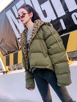 

PADEGAO Leopard Patchwork Jacket 2020 Winter Coats and Outerwear Green Asymmetric Jacket for Women Fake Two Pieces Jacket BJ830