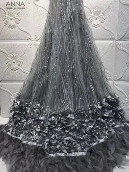

Africa 3D Applique Lace Nigeria Embroidery Lace High Quality French Tulle Lace Fabric Feather Design With Sequins For Prom dress